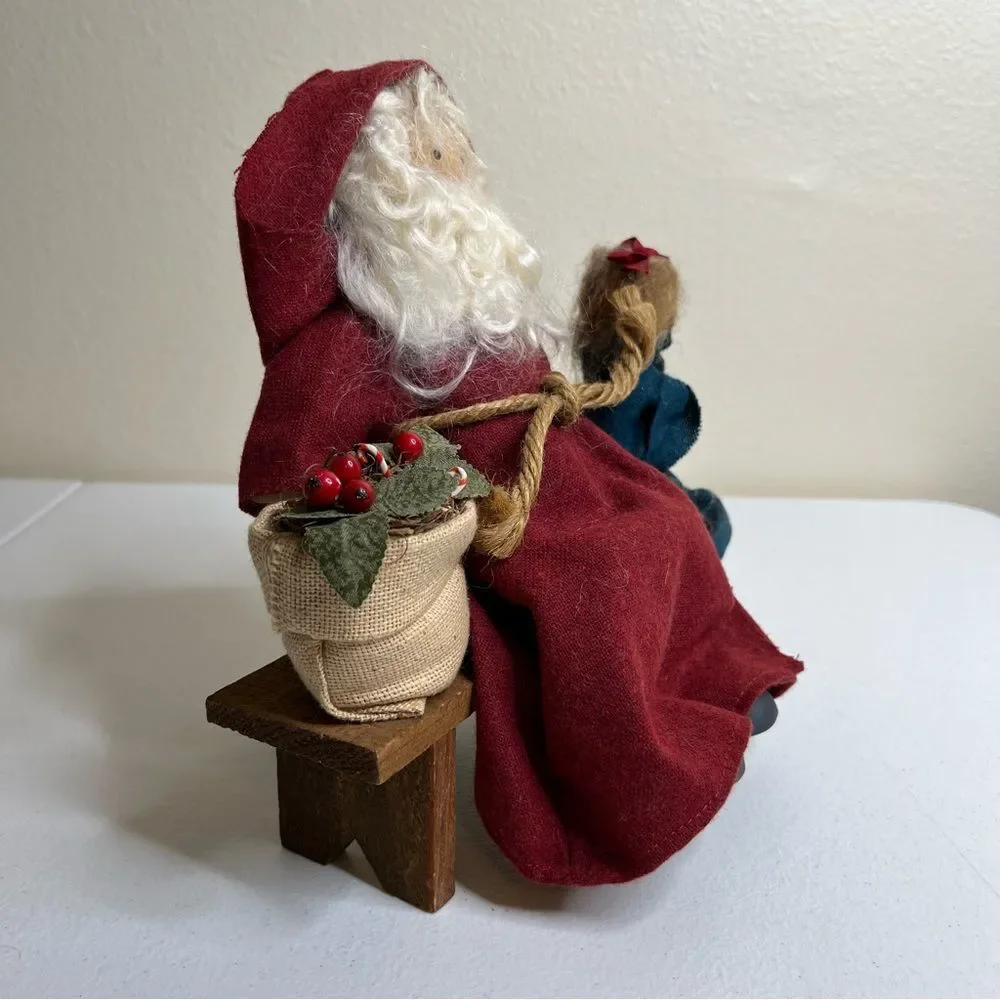 Vintage Lizzie High Wooden Folk Dolls Removable Santa Child Bench Handcrafted